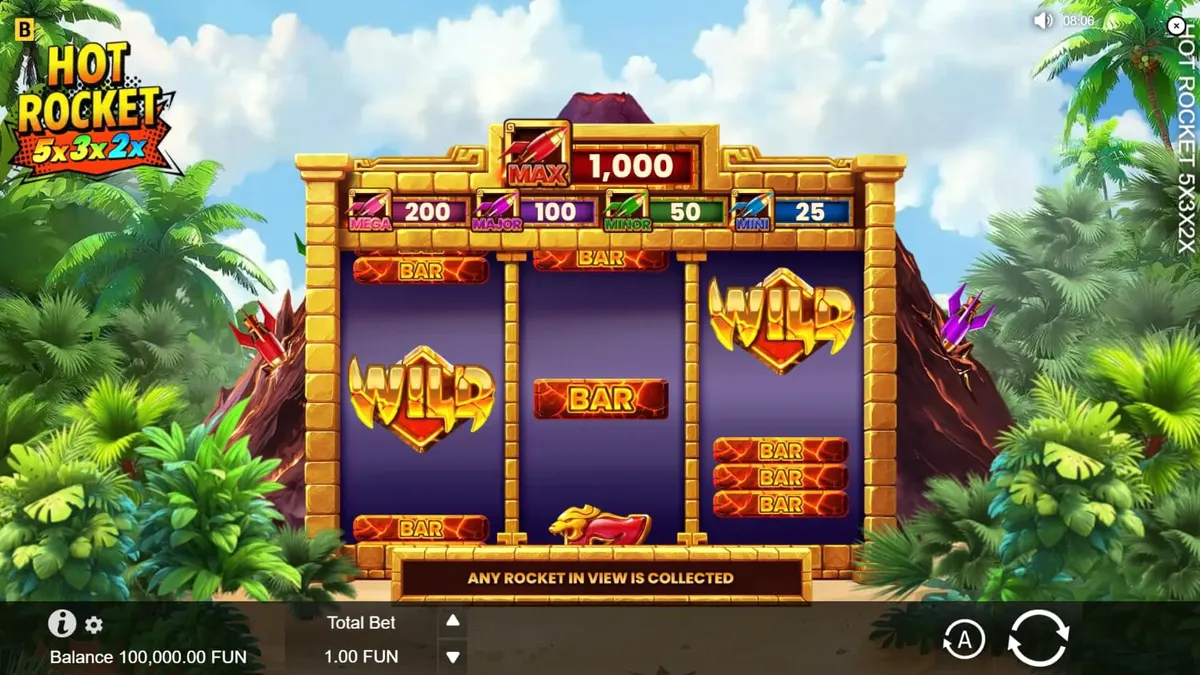 Tampilan visual slot Hot Rocket 5x 3x 2x dengan latar belakang gunung berapi dan simbol klasik.