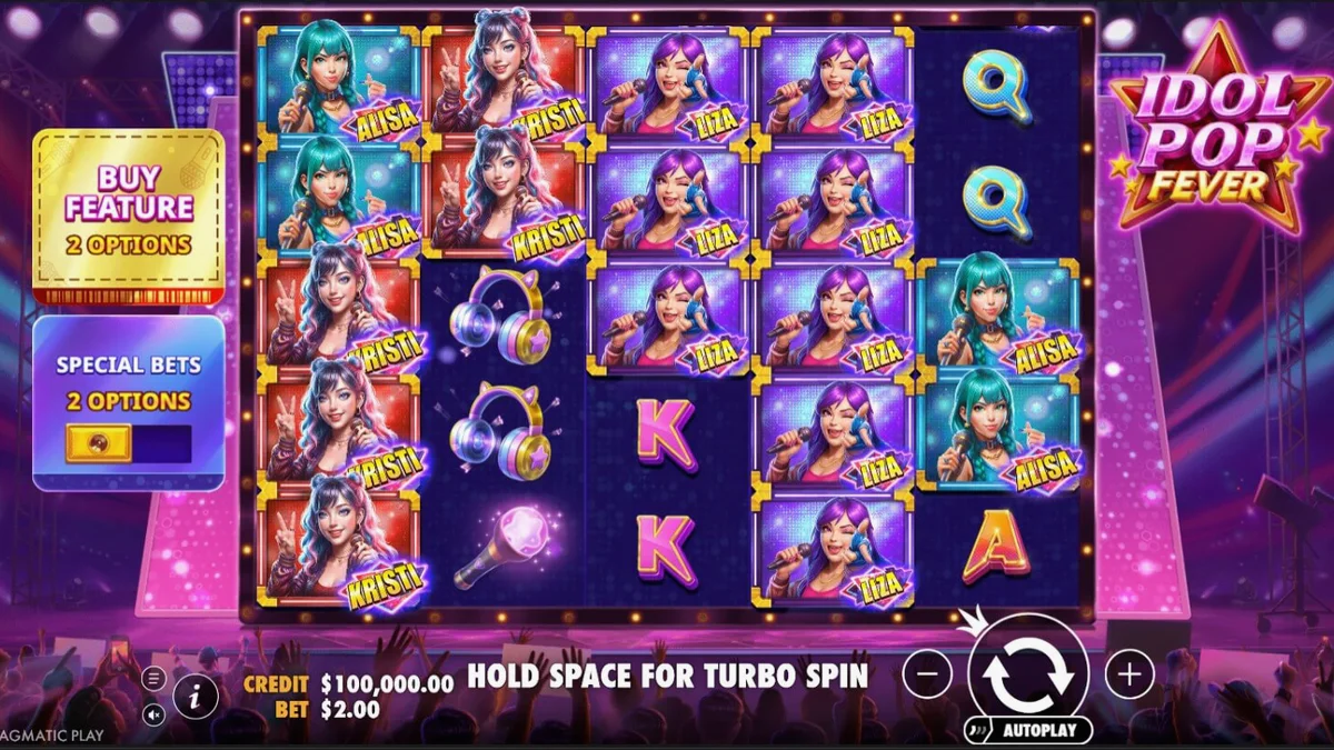 Tampilan visual slot Idol Pop Fever dengan tema konser musik neon.